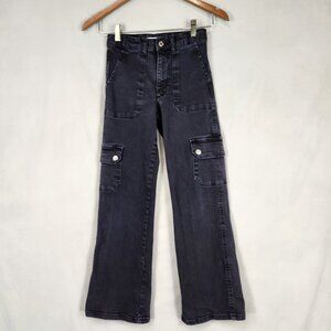 Zara Girls Wide Leg Cargo Pants Size 10 Black Denim Jeans Flare Adjustable Waist